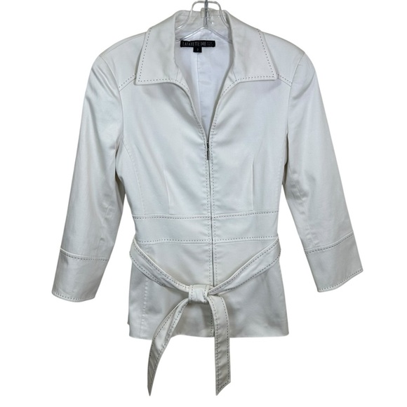 Lafayette 148 - Women’s Belted Blazer Jacket, 3/4 Sleeve, Zip-Up - White, Size 2 - Picture 14 of 17